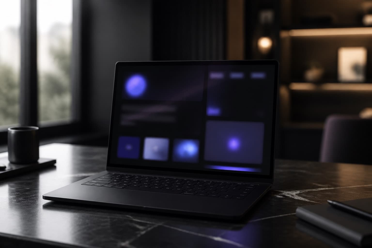 Laptop em um escritório moderno exibindo um site sofisticado